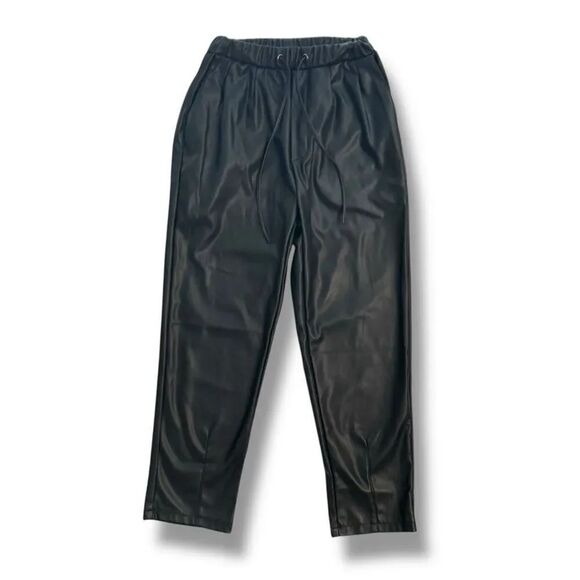 Whattry Pants - Women's Black Faux Leather Jogger Pants Size XS Elastic Waist